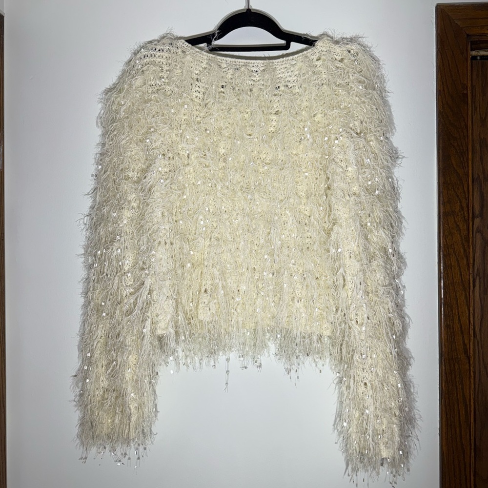 AKIRA Luxe Fuzzy Shag Sweater Furry Eyelash Festive Holiday Cream Mobwife - Picture 2 of 8